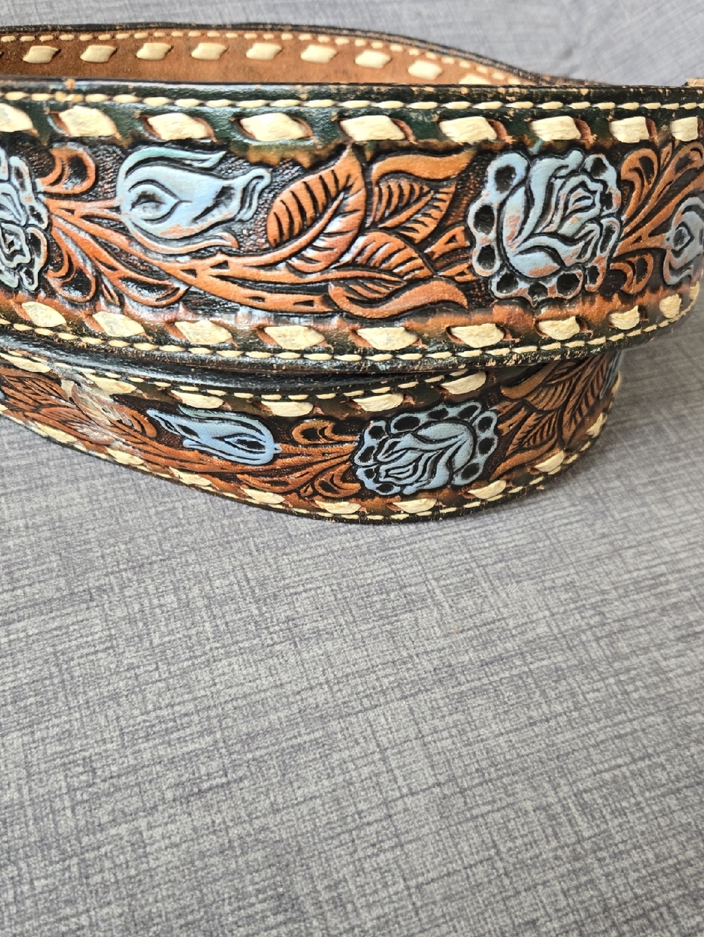 Hand-Tooled Brown Leather Belt with Light Blue Floral Accents
